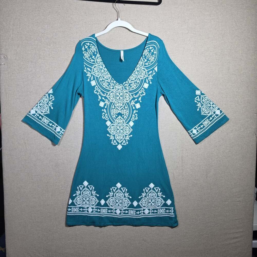 CeZanne Dress Womens M Teal Blue Embroidered Boho Tunic 3/4 Sleeve Made USA